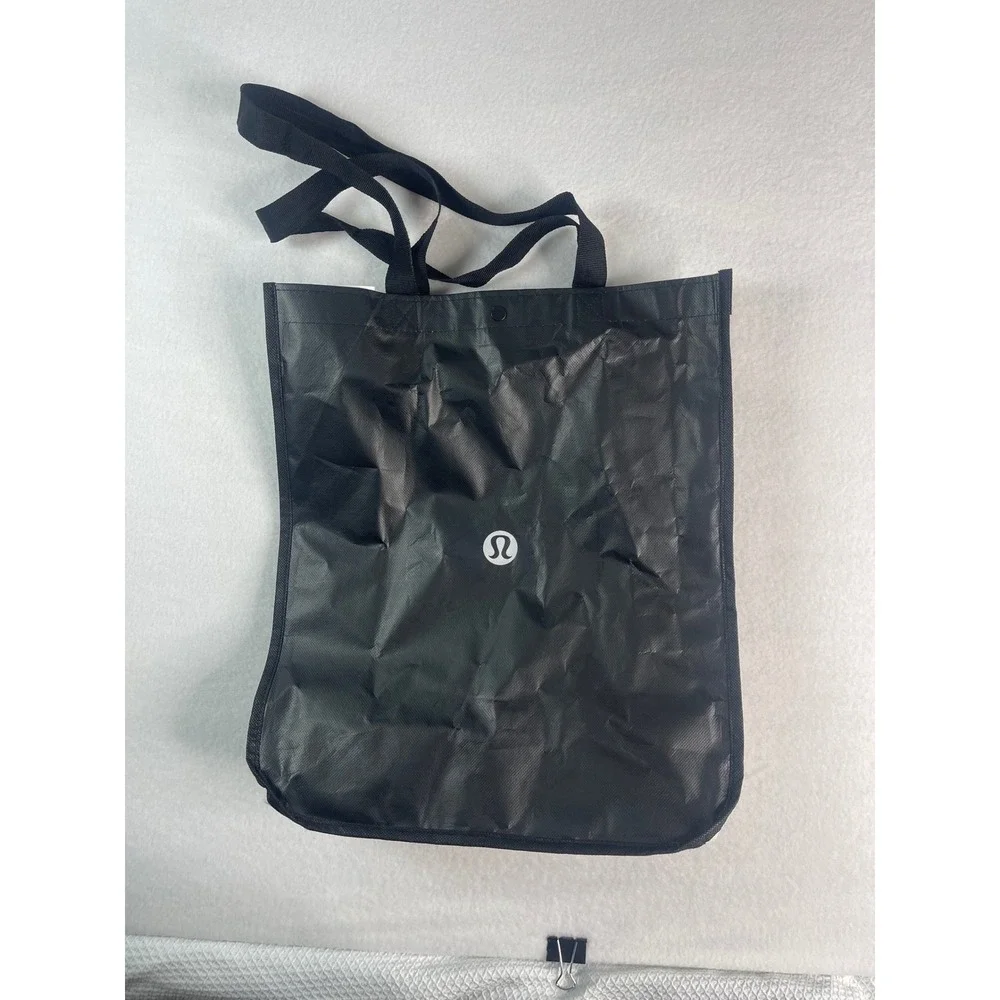 Lululemon Reusable Shopping Tote Bag‎ Black White Logo Snap Small Medium Shopper